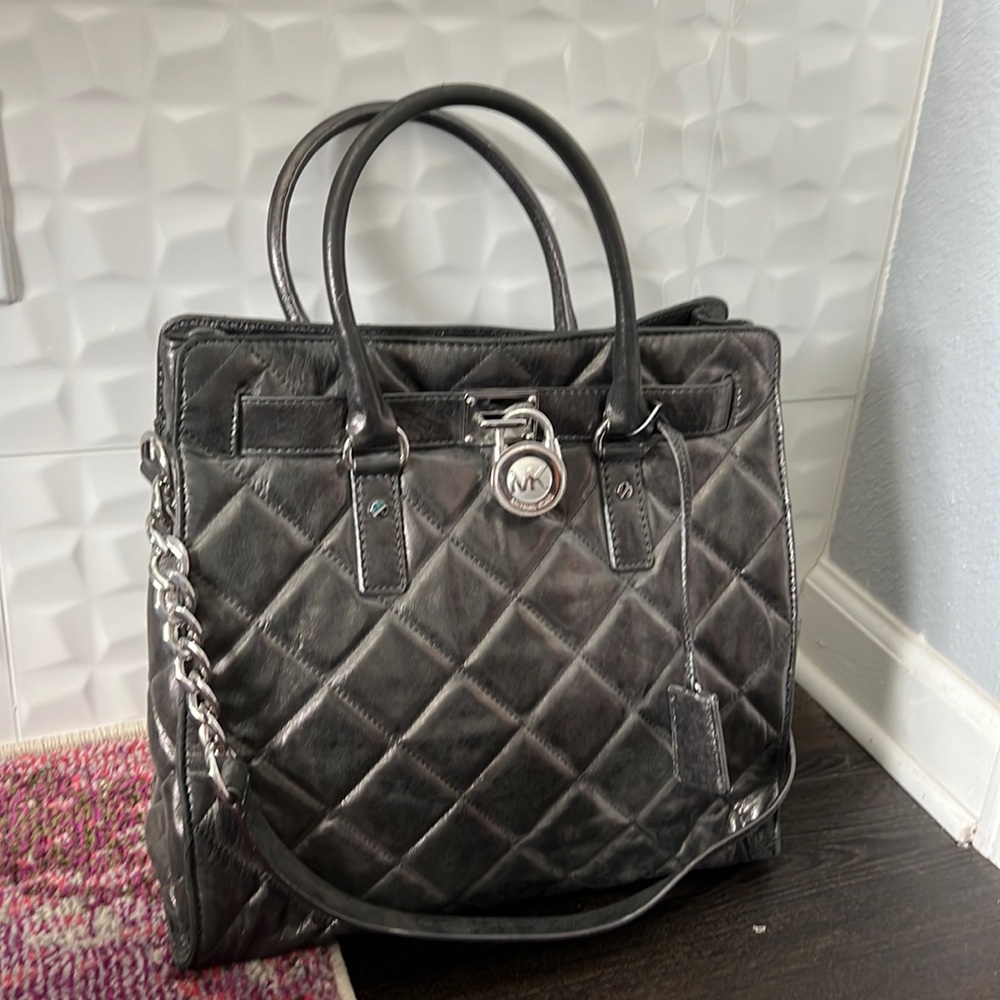 Michael Kors metallic gunmetal silver quilted purse